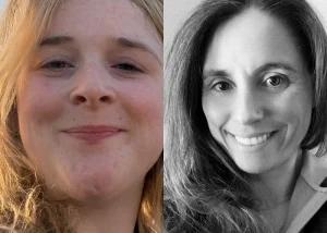 Split portrait of Emma Kames and Keeks Mc, two writers smiling in separate headshots.