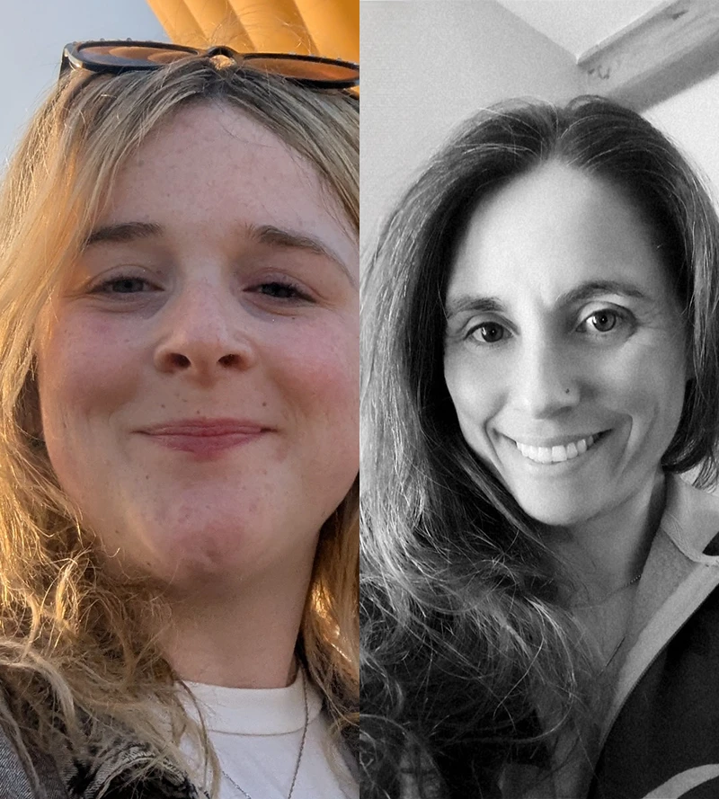 Split portrait of Emma Kames and Keeks Mc, two writers smiling in separate headshots.