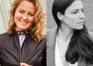 Side-by-side portraits of Mollie Hughes smiling in a leather jacket and Cal Flyn in a black-and-white outdoor portrait looking to the side.