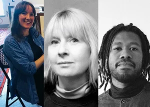 Composite image featuring three contributors to the Alasdair Gray Archive event, shown in portrait photographs.
