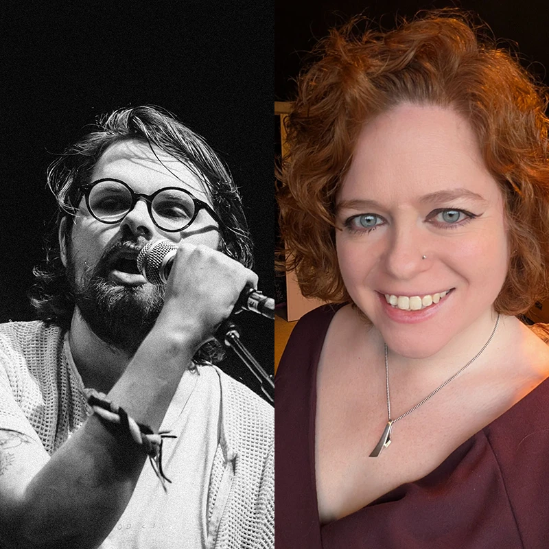 Side-by-side images of Robbie MacLeòid performing on stage and Ceitidh Campbell smiling in a portrait.