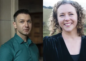 Portraits of Steven Veerapen indoors beside a stone pillar and Anna Caig outdoors against a rural landscape, shown side by side.