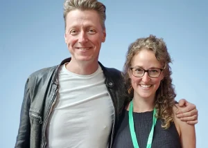 Author Dougie Payne and illustrator Rachel Seago posing together.