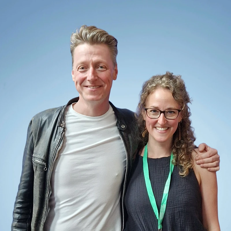 Author Dougie Payne and illustrator Rachel Seago posing together.