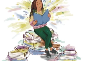 Illustration of children's author Yasmin Hanif sitting on a stack of books and reading, with colourful swirls and stars around her.