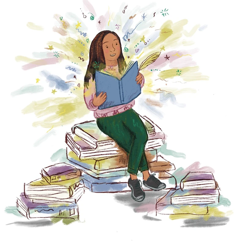 Illustration of children's author Yasmin Hanif sitting on a stack of books and reading, with colourful swirls and stars around her.