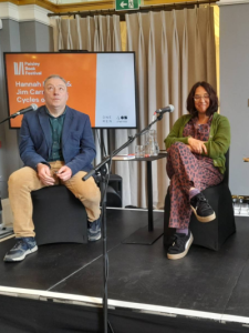 Poets Jim Carruth and Hannah Lavery on stage at Paisley Book Festival
