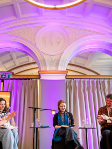 Scots poets Taylor Dyson, Len Pennie, and Michael Mullen on stage at Paisley Book Festival